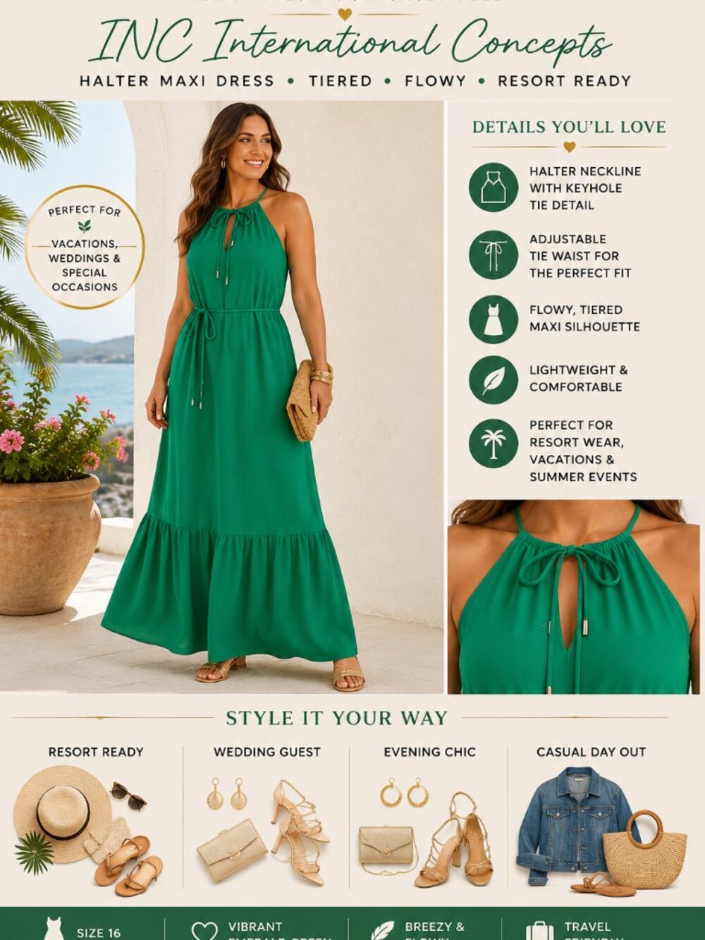 INC International Concepts Dress Women 16 Green Halter Maxi Tiered Resort Summer